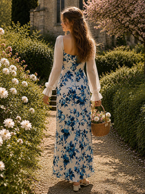 TANDUL Women Floral Print Maxi Dress with Sheer Sleeves