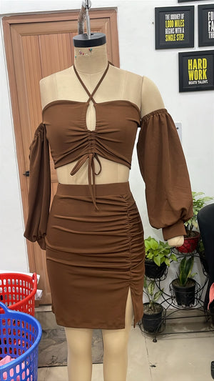 TANDUL Women Off-Shoulder Halter Crop Top and Mini Skirt Co-ord