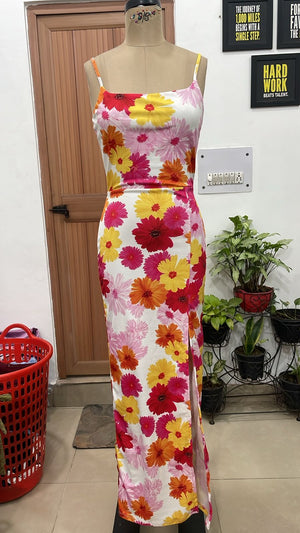 TANDUL Women's Retro Daisy Print Cami Maxi Dress with Side Slit