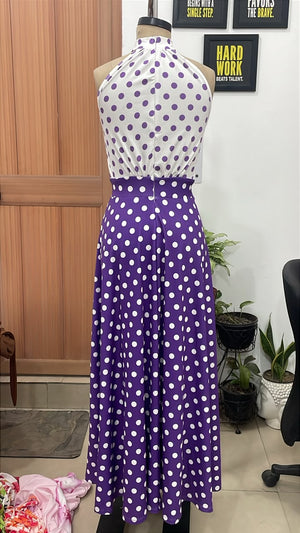 TANDUL Women Retro Purple Polka Dot High-Neck Halter Dress