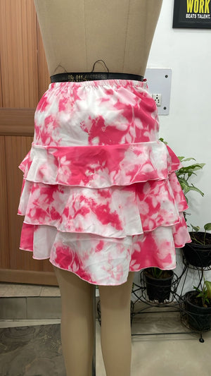 TANDUL Women Fuchsia Pink Tie-Dye Ruffle Mini Skirt