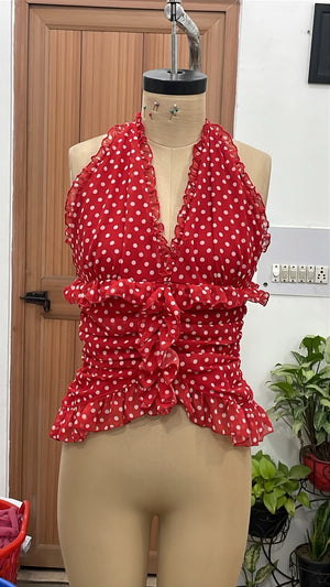 TANDUL Women Vintage-Inspired Red Polka Dot Halter Top