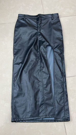 TANDUL Women Faux Leather Maxi Skirt with High Front Slit