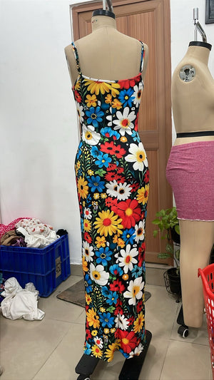 TANDUL Women Retro Multicolor Daisy Print Maxi Dress