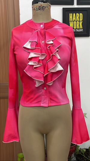 TANDUL Women Pink Tie-Dye Ruffle Button-Down Top with Bell Sleeves