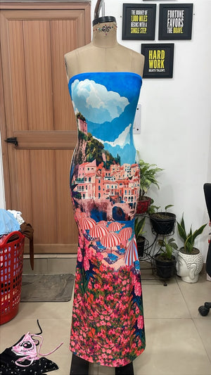 TANDUL Women Amalfi Coast Landscape Strapless Maxi Dress