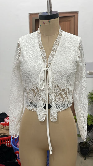 TANDIUL Women Coquette White Sheer Lace Cropped Top