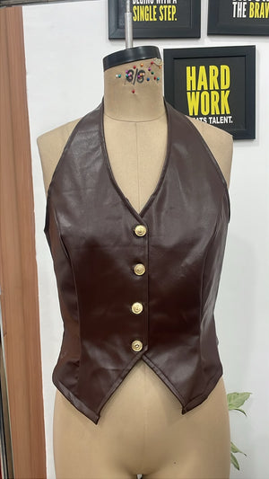 TANDUL Women’s Deep Brown Faux Leather Halter Waistcoat Top