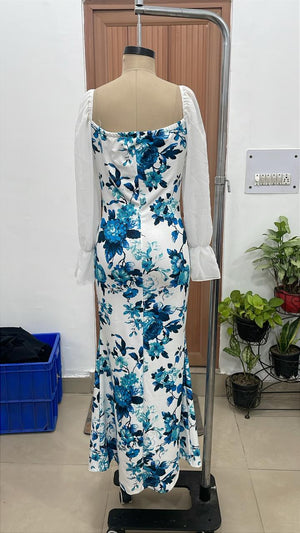 TANDUL Women Floral Print Maxi Dress with Sheer Sleeves