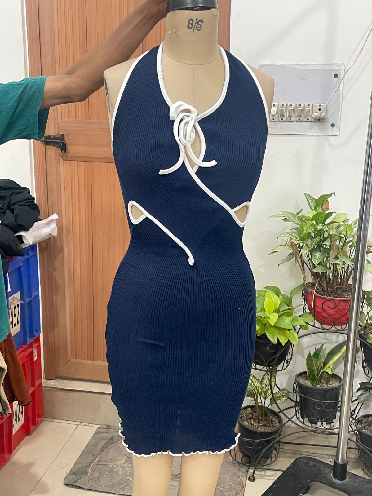 TANDUL Women Blue Knitted Neck Tie Up Dress