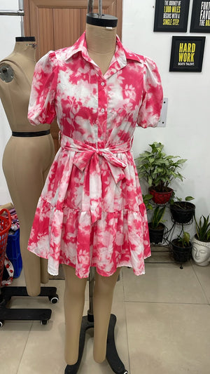TANDUL Women's Fuchsia Pink Tie-Dye Puff Sleeve Mini Shirt Dress