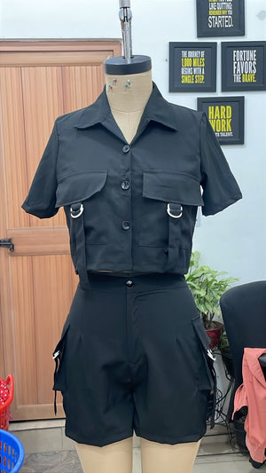 TANDUL Women Short Sleeve Button-Down Crop Top and Cargo Shorts Co-ord