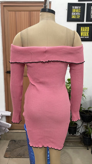 TANDUL Women Pink Off-the-Shoulder Ribbed Mini Dress