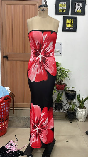 TANDUL Women Crimson Hibiscus Statement Tube Dress