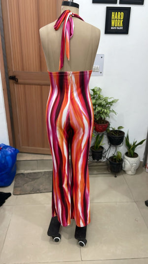 TANDUL Women Retro Abstract Streak Halter Neck Flared Jumpsuit