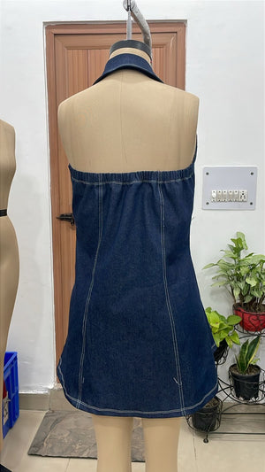 TANDUL Women Halter-Neck Button-Up Denim Mini Dress