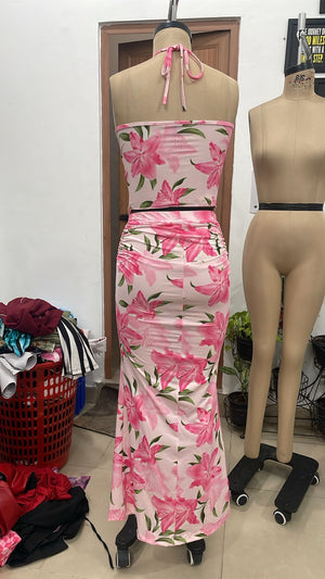 TANDUL Women Tropical Bloom Crop Top & Ruched Skirt Co-ord Set
