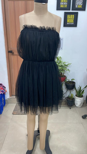 TANDUL Women Elegant Strapless Black Tulle Mini Dress