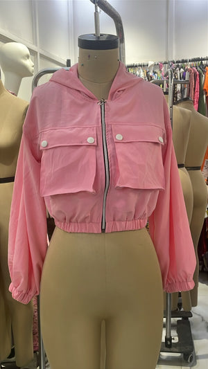 TANDUL Women’s Pink Summer Utility Jacket with Hood and Cargo Pockets