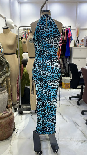 TANDUL Women Blue Leopard Print Halter Neck Lace-Up Maxi Dress