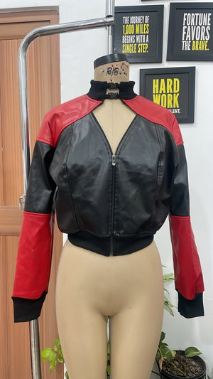 TANDUL Women’s Harley Quinn Inspired Red and Black Faux Leather Jacket