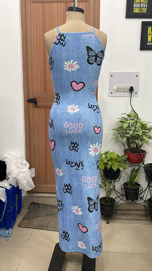 TANDUL Women's Sleeveless Halter Neck Printed Bodycon Maxi Dress