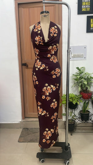 TANDUL Women Floral Halter Cowl-Neck Bodycon Maxi Dress
