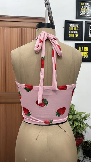 TANDUL Women's Pastel Pink Strawberry Halter Top