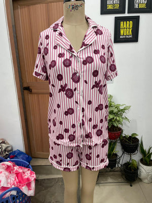TANDUL Women Pink Striped Button-Down Summer Nightsuit