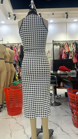 TANDUL Women Elegant Black and White Checkered Calf Length Dress