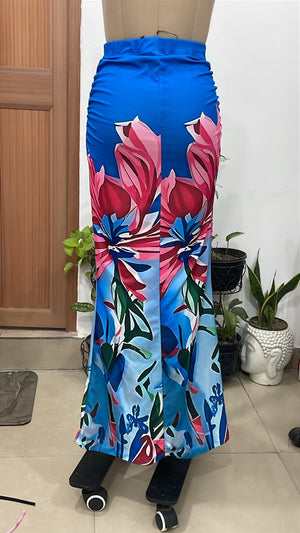 TANDUL Women Vibrant Blue & Pink Floral Ruched Maxi Skirt