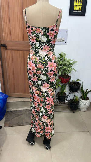 TANDUL Women Dark Green Lily and Rose Print Bodycon Maxi Dress