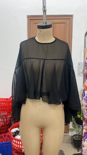 TANDUL Women's Black Sheer Cape Top