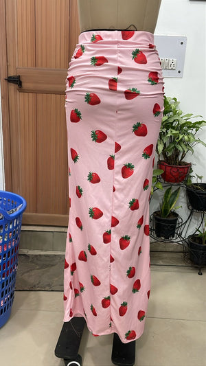 TANDUL Women Pastel Pink Strawberry Bodycon Maxi Skirt