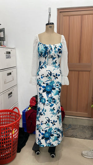 TANDUL Women Floral Print Maxi Dress with Sheer Sleeves
