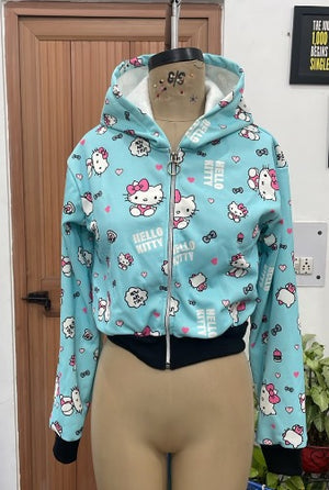 TANDUL Women Light Blue Cropped Hello Kitty Print Zip-Up Hoodie