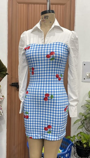 TANDUL- Women Blue Gingham Cherry Print Bodycon Dress