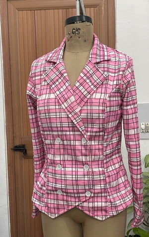 TANDUL Women Pink and White Plaid Double-Breasted Blazer