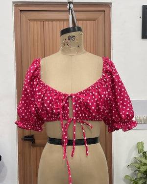 TANDUL Women Hot Pink Polka Dot Puff Sleeve Crop Top