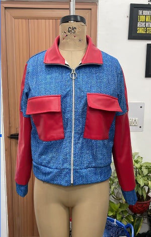 TANDUL Women Blue Denim Printed Zip-Up Bomber Jacket