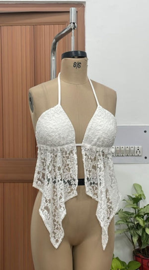 TANDUL Women White Lace Cami Backless Lace Top
