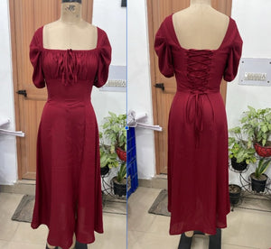 TANDUL Women Maroon Lace-Up Corset Milkmaid Midi Dress