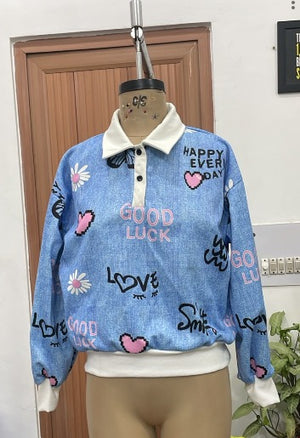 TANDUL Women Light Blue Denim-Print Polo Sweatshirt