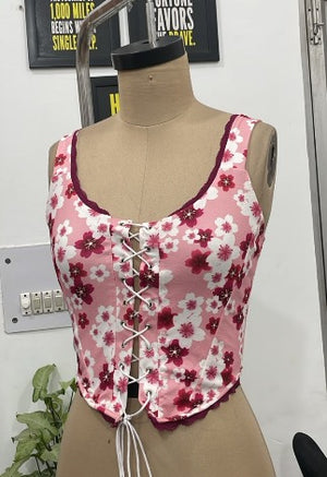 TANDUL Women Pink Cherry Blossom Lace-Up Corset Top