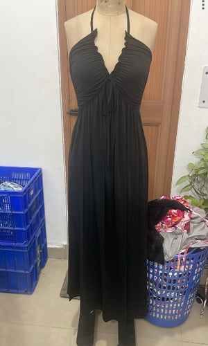 TANDUL Women Black Halter Neck Maxi Dress with Ruched V-Neck
