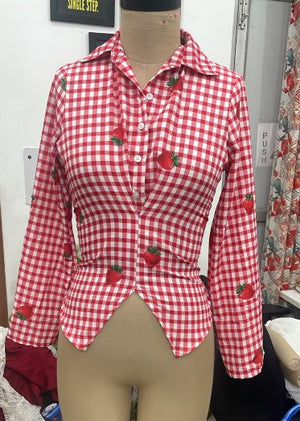 TANDUL Women Red Gingham Strawberry Print Button-Down Shirt
