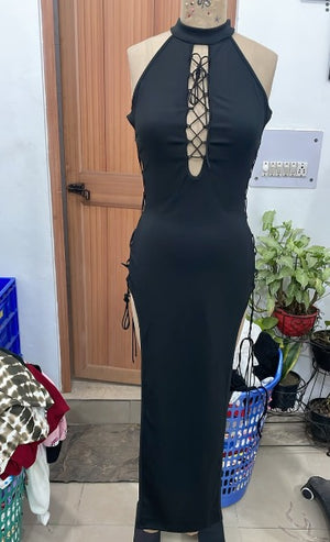 TANDUL Women Black Halter Mock-Neck Maxi Dress