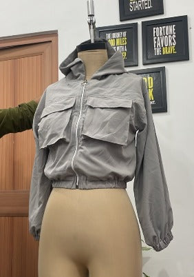 TANDUL Women Grey Cropped Windbreaker Jacket with Hood