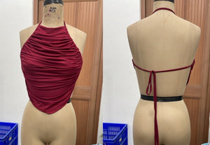 TANDUL Women Burgundy Ruched Halter Crop Top