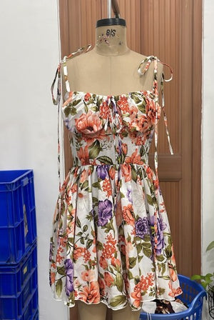 TANDUL Women White Floral Tie-Strap Mini Dress